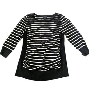 IZ Byer‎ Sweater 3/4 Sleeve Striped Black & White Lace Shoulders Women’s